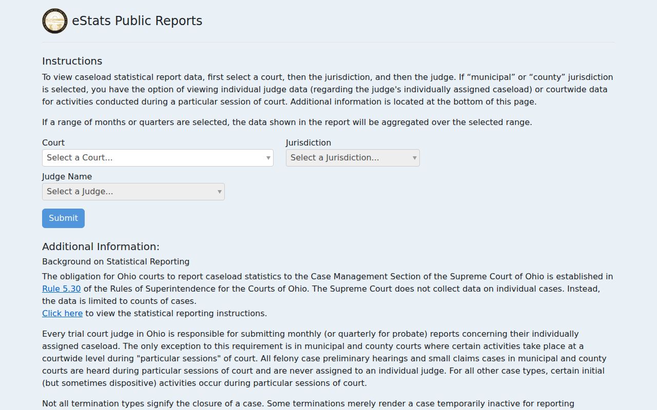 Morgan County case search Ohio eStats public reports selector