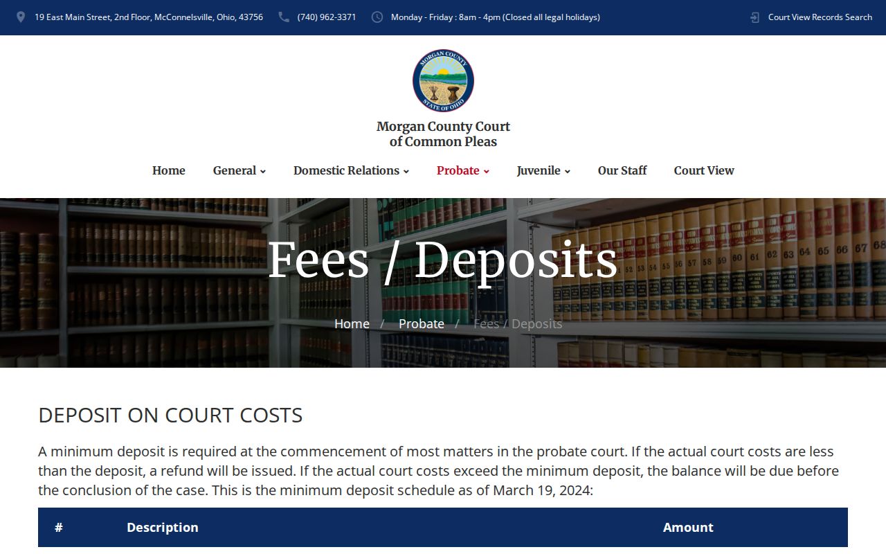 Morgan County civil docket Probate fee and deposit schedule
