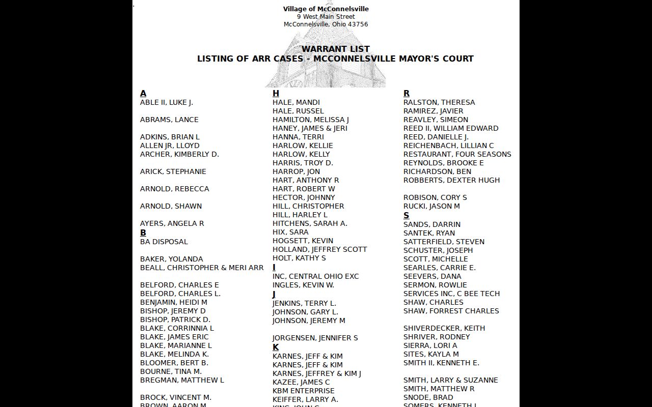 Morgan County McConnelsville village court docket Mayor’s Court warrant-list interface